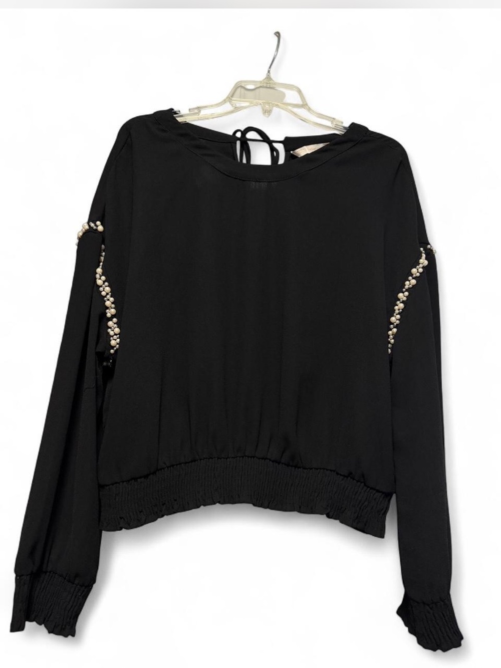 Zara Black Long-Sleeve Blouse with Pearl-Embellished Sleeves